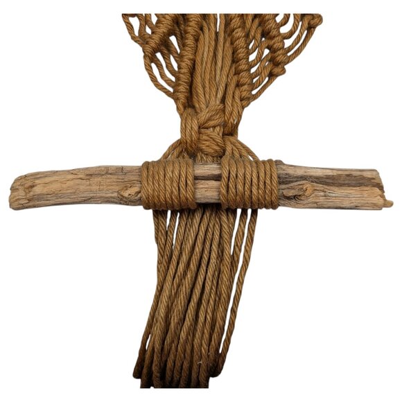 Vtg Boho 70s Handmade Macrame Owl Wall Hanging Jute Driftwood Hippie Rope Art - Picture 5 of 10